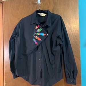 Vintage P.S. & Rhinestones Womens Size Large Black Western Shirt With Feathers